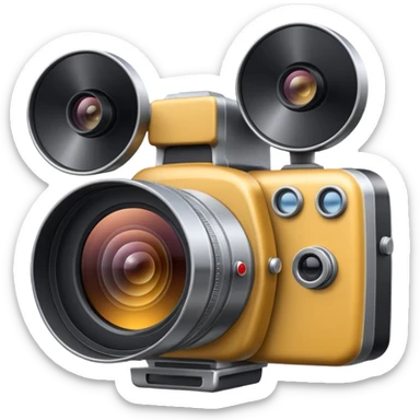 Minimal emoji icon of a huge cinematic metalic camera, front view, realistic lens, no gold sticker