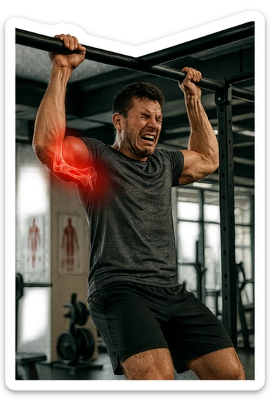 a man in gym attire is performing a pull-up on a bar when his face suddenly contorts in pain. His elbow is highlighted with a bright red glow, and a semi-transparent overlay reveals a visible tear or injury in the joint structures (such as ligaments or tendons). The background is a modern gym, with anatomical posters and equipment. sticker