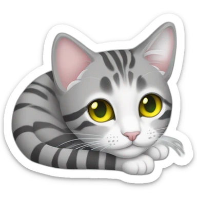 light gray tabby cat with white stripes domestic short hair with yellow green blue eyes and black pupil sleeping sticker