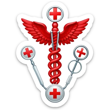 An icon featuring a caduceus (The Hygeia Vessel), a red cross, symbolizing medicine. The design includes medical tools and symbols, representing healthcare, diagnosis, and healing practices. Transparent background highlights the profession and study of medicine. sticker