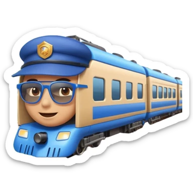 A 3D cartoon sleek white bullet train on tA 3D cartoon passenger train with blue carriages and visible windows, moving through countryside, Memoji-style.racks, high-speed motion blur, clean lighting, Memoji-style realism. sticker