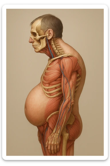 corpo UMANO ANATOMICO di profilo con spalle chiuse in avanti e pancia sporgente, postura errata, iperrealistico 4k sticker