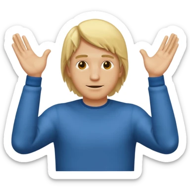 Blonde man with his face covered with the two arms going through down left to up right and with the two hands on the upper right edge of the emoji sticker