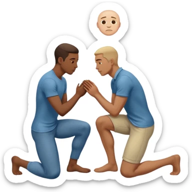 one guy standing up and the other guy is on both of his knees in front of said guy standing up who is loookg down at him and guy on knees is looking up at him sticker