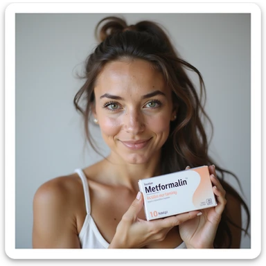 hyperrealistic 4K vertical 9:16 image of a woman with PCOS or insulin resistance, face with acne and fine hair, holding a box of Metformin, confident expression, isolated white background sticker