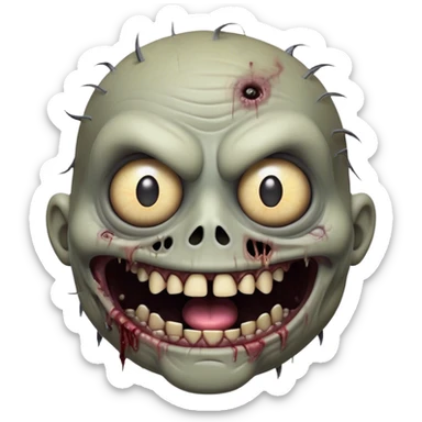 Cinematic Comical Zombie Portrait Emoji, with a grotesquely exaggerated yet playful decaying face in muted ashen tones, head cocked in a dramatically shocked expression with wildly comical, googly eyes and a gaping, silly grin revealing quirky stitches, simplified yet hilariously expressive, highly detailed with a soft eerie glowing outline capturing the absurd humor of a zombie in comic disbelief! sticker