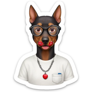 Generate a emoji of a big evil doberman dog with red eyes and a tongue sticking out, give the doberman a human body with a white shirt and baggy jeans, make the doberman have ear piercings and a septum ring, make the dog have black circular glasses with a red tint sticker
