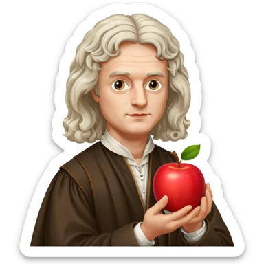 Isaac Newton wearing 17th-century aristocratic attire, hold an apple sticker