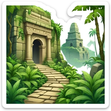 Icon for Adventure Movie: A vintage movie poster-style design with a jungle clearing path, dense foliage surrounding it. In the distance, ancient ruins peek through the trees. The atmosphere is mysterious and adventurous, with soft light cutting through the trees. Transparent background. sticker