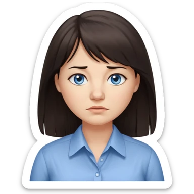 40 yr old woman, blue eyes, long straight dark brown hair, business shirt, chubby, bangs, long hair, tired sticker