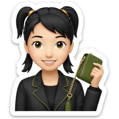 A girl with a pony tail black hair and olive skin, Asian eyes, with a black jacket and a black purse  sticker