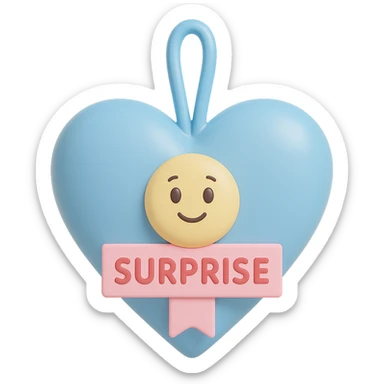 Recreate the blue heart-tagged pink gift in a vinyl figure style, with the name 'Surprise' on the tag, no background. sticker