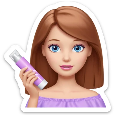 Barbie girl Chestnut Shoulder-length hair and blue eyes is In pale purple applying cream on face sticker