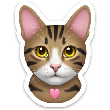 brown tabby cat with black stripes and yellow-green eyes and pink nose and white mouth sticker