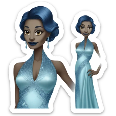 reptilian alien woman, in long slim pastel blue formal party satin dress with gradient shiny sparkling navy blue diamonds embroidered sticker