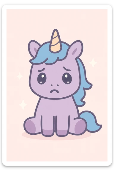 a depressed unicorn with an expressive sad face, muted colors, simple background sticker