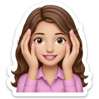 girl with wavy long brown hair, brown eyes, light to medium complexion, long lashes, light pink lipstick, wearing light pink shirt, smiling, hands covering over the eyes sticker