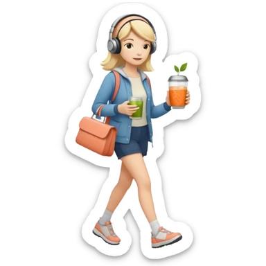 a young woman full length walks with headphones on with a salmon sandwich in one hand and herbal tea in the other hand sticker