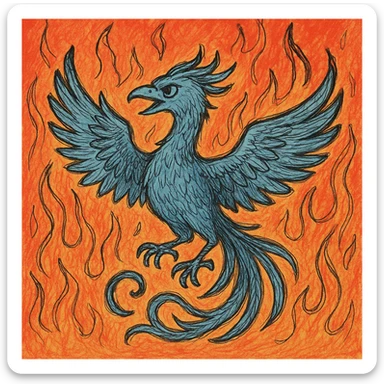 Add a fiery background with flames to the cool phoenix, keep the hand drawn doodle style with sketchy lines and casual hand-drawn look. sticker