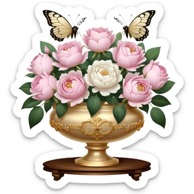 A romantic vintage still life featuring a bouquet of soft pink roses and lush white peonies in an ornate gold-trimmed ivory vase, with delicate pearl butterflies resting on the petals, set on a lace-covered wooden table. Girl  sticker
