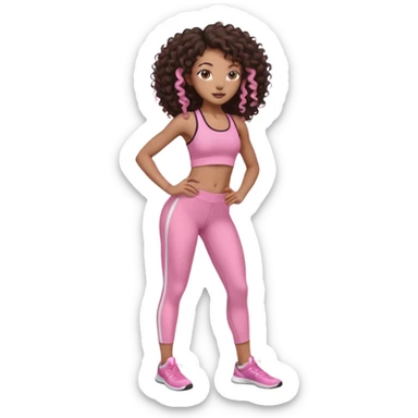 Uma menina negra da pele clara magra definida com roupa de academia rosa, com cabelo cacheados  todo castanho escuro bem grande até a bunda sem muito volume no cabelo sticker