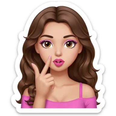 girl with long wavy brown hair, brown eyes, light to medium complexion, in a pink sexy top, pink lips, long lashes, shushing with one finger on the lips sticker