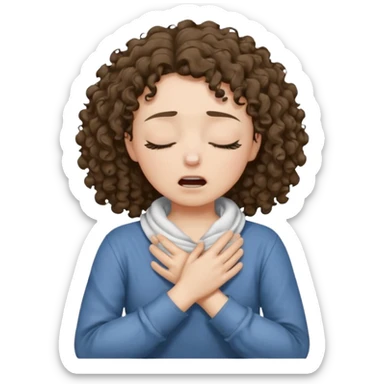 make a choking emoji with both hands wrapped around the neck and eyes closed make the skin tone white and shirt brunette curly hair sticker