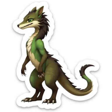 Brown and beige badass elegant wild beautiful natural cute badass epic exotic anthro modern furry 2-legged sergal-vernid-creature, full body, dark-brown-black-gradient pretty hair, with a long tufted tail, green eyes, aesthetic, art by LiLaiRa, art by art by Falvie sticker