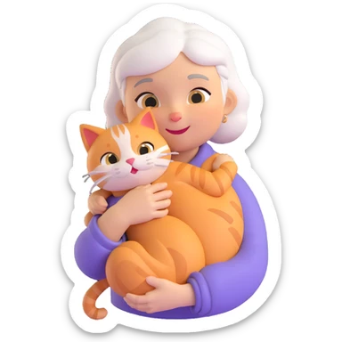 Show only one cat in the grandmother's arms, 3d emoji style, with no background (transparent) sticker