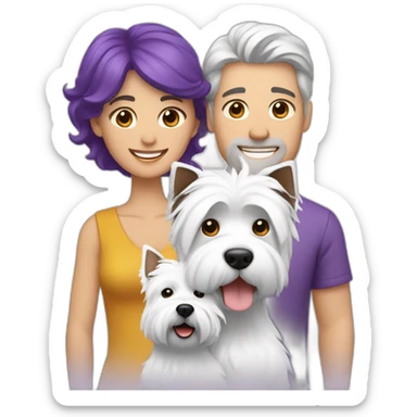 a family consisting of 1 white man with dark brown hair, 1 white woman with purple hair and 1 happy west highland white terrier sticker