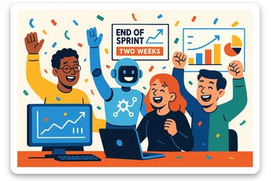 équipe IA et machine learning célébrant la fin d'un sprint de deux semaines, ambiance joyeuse, membres souriants, éléments technologiques comme ordinateurs et graphiques, style illustration moderne, couleurs vives sticker