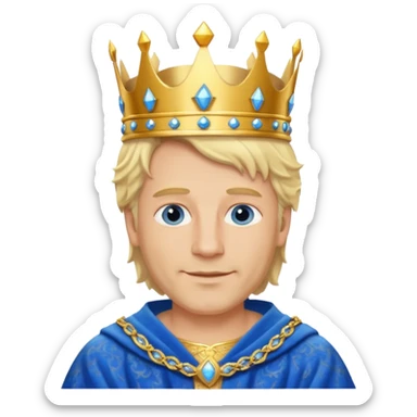 
1 Middle-aged white king, 40 years old, blond hair, blue eyes, kind and benevolent vibe, gentle smile, wearing a crown and blue robe emoji sticker