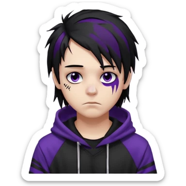 emo teen boy with long one-side messy black hair, dark hoodie with white and purple striped sleeves, piercings on his nose, dark eyeshadow sticker