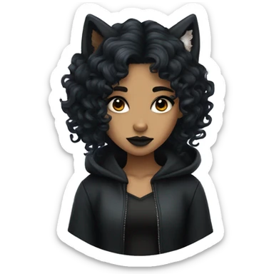 Goth girl with olive skin tone and a long black curly wolf cut sticker