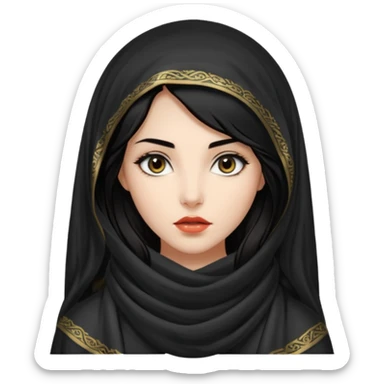 Apariencia: Mujer joven, morena, de gran belleza y porte misterioso.
-Rostro: Ojos grandes y negros, mirada intensa y fija; labios marcados.
-Cabello: Negro, largo y brillante, suele ir cubierto parcialmente por un velo o pañuelo oriental. Cuerpo conpleto sticker