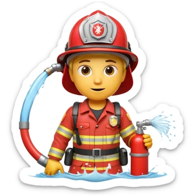 A 3D Apple-style yellow emoji character dressed as a firefighter in a bright red uniform and helmet, holding a fire hose spraying water forward, determined expression with cartoonish eyes, water splashing effect, clean minimal background sticker