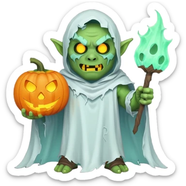 male orc warrior ghost emoji, green skin, wearing torn white ghost sheet costume, holding glowing jack-o'-lantern, faint blue aura, friendly but spooky expression, Halloween fantasy theme, Apple emoji style, clean white background, square sticker