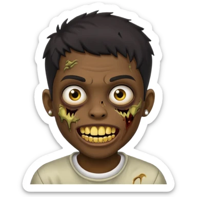 Make a boy zombie dark skin and short black 4c hair, showing a golden grilz teeth sticker
