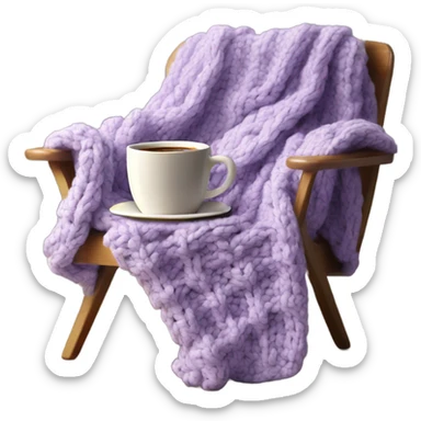 Design an inviting emoji of a chunky knit blanket folded on a comfy chair, with a cup of coffee nearby, evoking a cozy home setting.light purple sticker