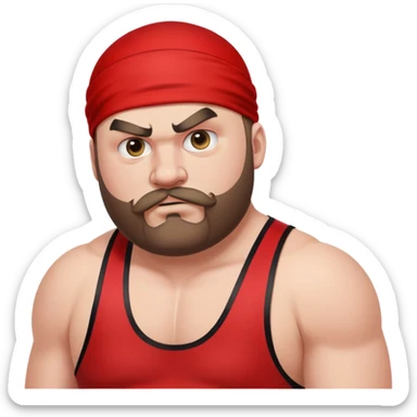 Close-up of extremely fat white skin guy with young face, beard and mustache, no muscle with prominent black durag, black eyes in a red and black wrestling singlet with angry face sticker