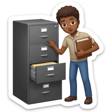 A black person opening a filing cabinet to search for file sticker