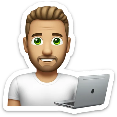 A man with a silver laptop, slick back and a white t-shirt (without beard and moustache, brown hair and green eyes) sticker