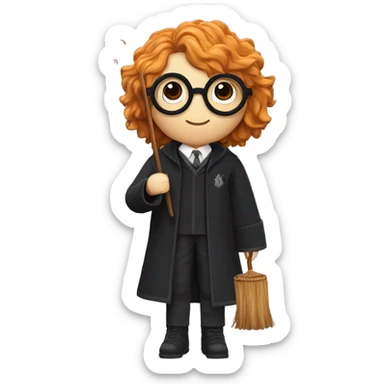 Harry potter avec les cheveux noir ondulé une baguette magique dans la main gauche et un pot de fleur dans la main droite une cicatrice en forme de z sur son front des lunettes ronde  sticker