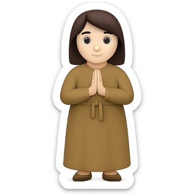 Make the woman a little thicker (not very thin), standing and praying from the front view, wearing a long tan dress, with dark brown hair, in emoji style, with no background. sticker