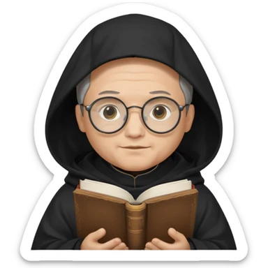 Monk priest prayer black habit with hood round black glasses done light brown wavy hair under hood remove the medallion smaller more round glassed age 46 no necklace more oval face hand holding book that says RB 480 top left is great add a little hair brown gray under hood  sticker