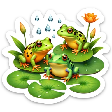 Icon for Amphibians: A colorful collage with various amphibians like a bright green frog sitting on a lily pad, a small salamander with orange spots, and a toad with bumpy skin. Water droplets around them and a pond in the background. Transparent background. sticker