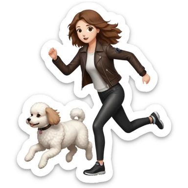 A beautiful tall girl with fair skin and long hair wearing a jacket and running with a white Bichon Frise sticker