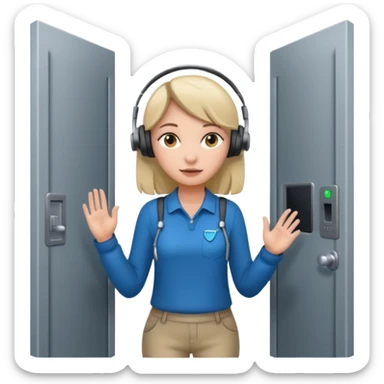 a girl walking through the door into a computer room in an organized manner sticker