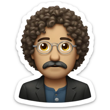 sad man with brown curly hair silver circular glasses and moustache sticker