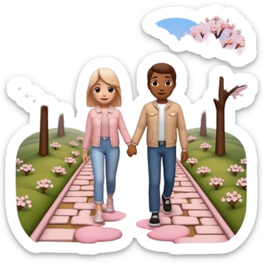 3D emoji-style of two roads merging into one 💞, with cherry blossoms 🌸, floating hearts 💕, soft sunset sky 🌅, and a couple walking hand-in-hand 👩‍❤️‍👨. Romantic and aesthetic vibe sticker